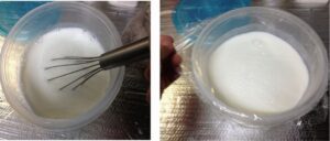 攪拌棒でヨーグルトを入れた牛乳をよく攪拌し混ぜ終わったらラップを掛ける