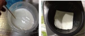 牛乳を容器に入れ空気穴を開け炊飯器は窯の下にキッチンペーパーを敷く