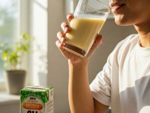 豆乳を飲んでいる男性