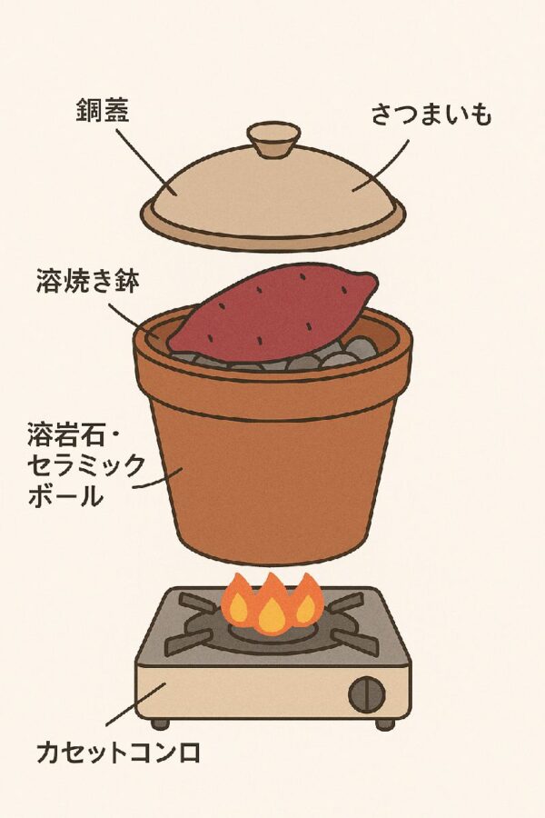 植木鉢に小石を入れて簡易ガスコンロの上に置きさつまいもを置き銅鍋の蓋をかぶせる自作のさつまいもの壺焼き器