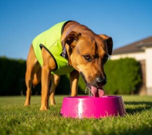 暑さ防止のグリーンのベストを着た犬がピンク色の皿から水を飲んでいる画像