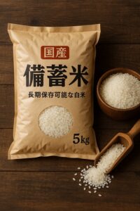 国産　備蓄米と書かれた袋に入っている　備蓄米と茶碗に張っているお米と木製のさじで取り出されたお米の画像