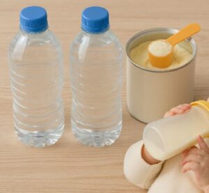 硬水を軟水の入ったペットボトと缶に入った粉ミルクのそばで赤ちゃんがミルクを飲んでいる画像