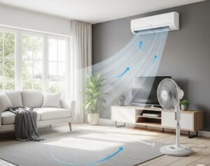 エアコンと扇風機の併用で風の流れを矢印で解説している画像