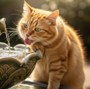 ブラウンの経路をした猫は水飲み場か出ている水を飲んでいる画像