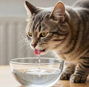 透明なボールに入った水を飲んでいる猫の画像