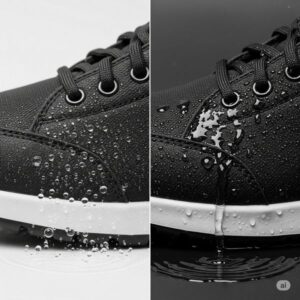 撥水加工をしている黒色の靴と未加工の靴の比較画像