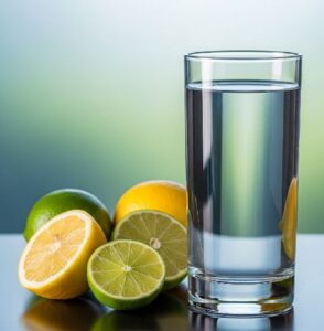 グラスに注がれた水の隣にレモンやライムが置かれているいる画像