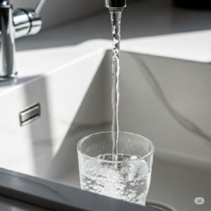 水道の蛇口から水水が出てグラスに注がれている画像