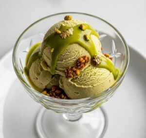 透明容器に盛られた抹茶アイスクリーム