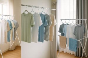 Tシャツやとタオルが部屋干ししていある画像３枚
