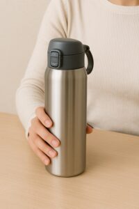 机のの上に置かれたステンレスボトルを右手に握られている