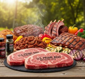 USビーフや香辛料がテーブルに並べられている画像
