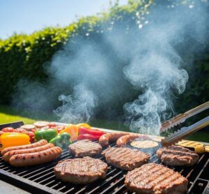 たくさんの肉やソーセージ・野菜が網の上で焼かれている屋外でバーべキューをしている画像