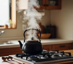 鉄瓶で麦茶を作っている画像