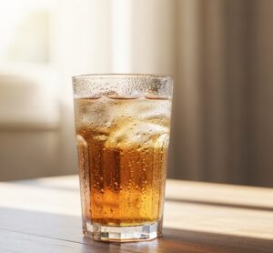 氷の入ったクラスに麦茶が入っている画像