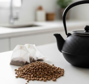 テーブルに置かれた鉄瓶と盛られた麦茶の粒とティーパックの画像