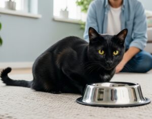 黒猫がアルミの皿から水を飲もうとしている画像