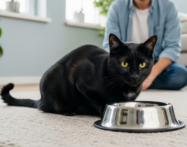 黒猫がアルミの皿から水を飲もうとしている画像