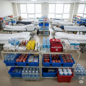 避難所ベッドや飲料水・防災グッズが棚に置かれている画像