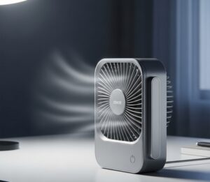 四角いグレー色の小型扇風機から風が出ている画像
