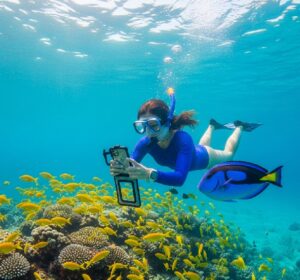 水中でダイビングしているときにスマホで撮影している画像