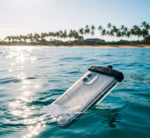 海に浮かんだスマホケースに入ったスマートフォン