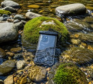 川の岩場にスマートフォンケースに入ったスマホが水に浸かっている画像