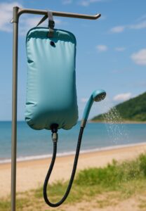浜辺に吊り下げられているブルー色のポータブルシャワー