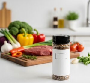 野菜や肉にあるロピアの調味料がテーブルの上に出されている画像