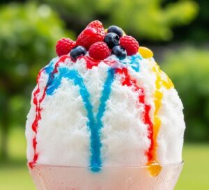ラズベリーやブルーべリーを乗せたかき氷に色々なシロップが掛かっているかき氷の画像