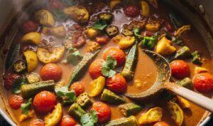 夏野菜カレーを鍋で作っている画像