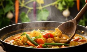 夏野菜カレーが皿に盛り付けられているところ