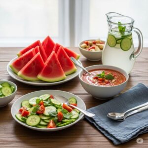 テーブルにスイカ野菜サラダや野菜スープ・野菜ドリンクが並べられている画像