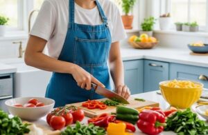 女性がキッチンで野菜をカットしている画像