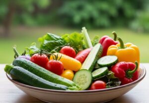 皿にいっぱい盛られた夏野菜の画像