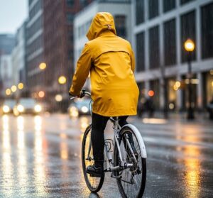 黄色いレインコートを着て自転車に乗っている画像