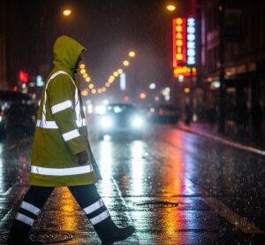 夜間でも反射テープが光り安全に道路を歩行している画像
