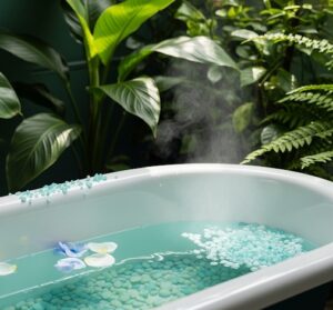 バスタブに入浴剤を入れて湯気が立ち込めている画像