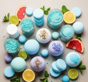 色々なカラフルな入浴剤は並べられている画像