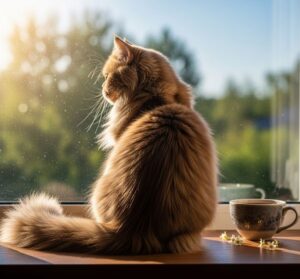 猫が出窓に座って外を見ている画像