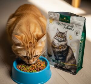 猫が抜け毛予防の入ったカリカリを食べているところ