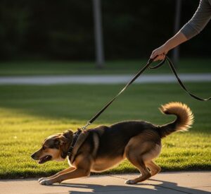 犬の散歩中前進を拒んで止まっている画像