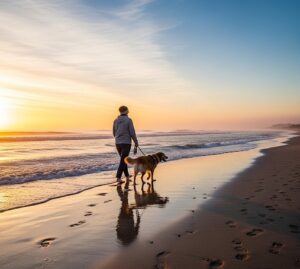 波打ち際を愛犬と散歩している画像