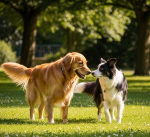 二匹の犬が公園で並んで散歩している画像