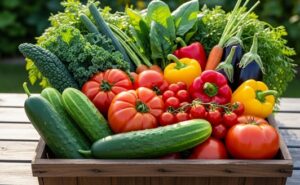 色とりどりの野菜が木箱いっぱいに入っている画像