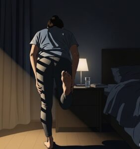 夜中に足がつって起きて足をマッサージしている画像