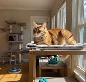 愛猫がデスクの上でくつろいている画像