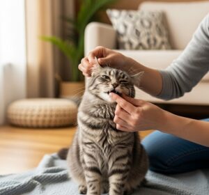 愛猫にご褒美をあげているところ