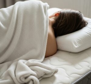 マットレスに横になって寝ている画像